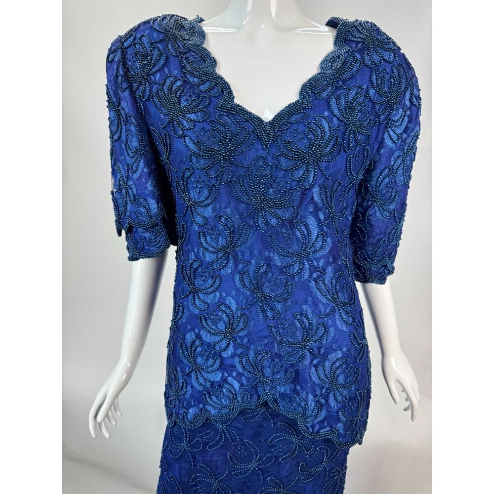 Vintage 1980s Blue Beaded Floral Lace Dress & Skirt Set With Puff Sleeves